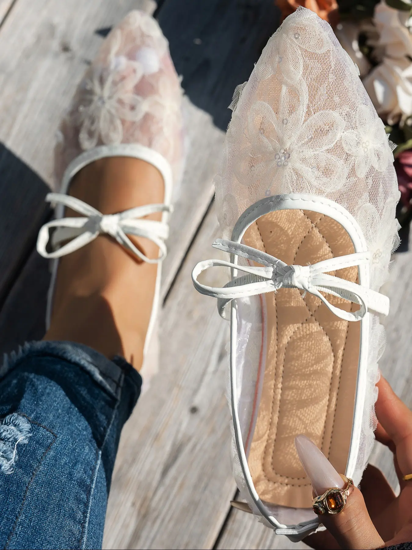 Women's Lace Flat Shoes, Low Top Flats, Fashionable Outdoor Casual Breathable Slip-On Loafers, Easy Breezy Loafers, Comfortable Round Toe Design, Perfect for Daily Wear, Round Toe Flats