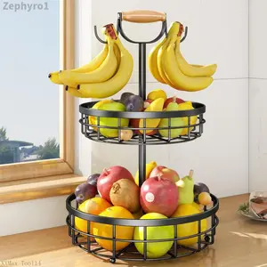 2-Tier Fruit Basket Bowl Vegetable Storage with Dual Banana Tree Hanger and Wooden carry Handle, Kitchen Countertop Metal Wire Basket for Bread Onions Potatoes Organiser HangableZephyroXXMax Tool14
