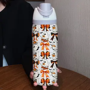 32oz Ghost Bowknot Dual-Drink Sports Water Bottle, Stainless Steel Vacuum Insulated, Large Fruit Cup, Perfect Gift for Women, Leakproof Insulated Tumbler