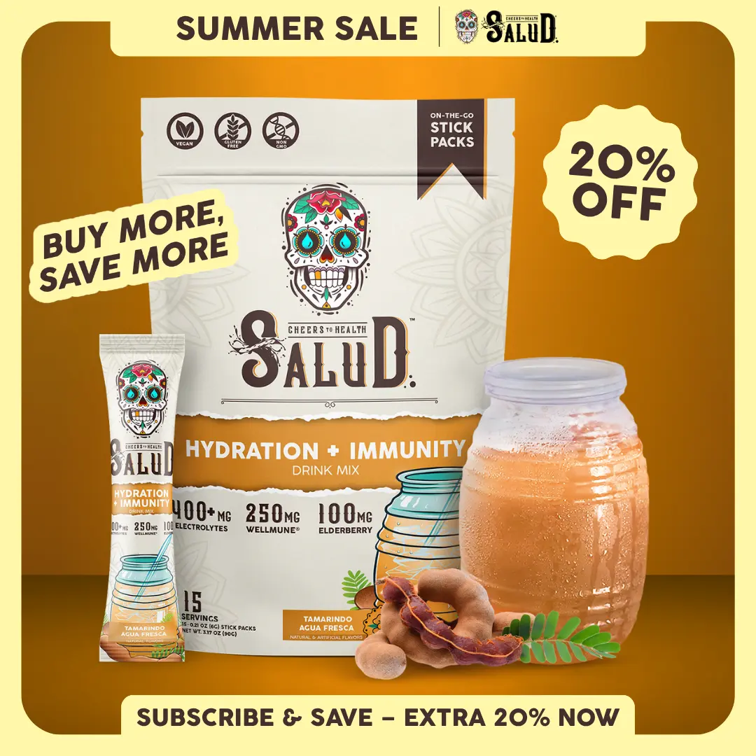 Salud 2-in-1 [Hydration + Immunity - Tamarindo]  Electrolytes Powder, Agua Fresca Drink Mix, Elderberry, Dairy & Soy Free, Non-GMO, Gluten Free, Vegan, Low Calorie, 1g Sugar (15 Servings)