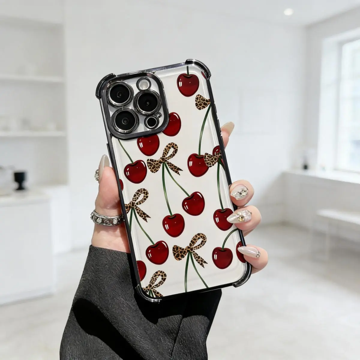 Luxury Coquette Y2K Cherry Leopard Bow Print Clear Electroplated Silicone Smartphone Casing, 4-Corner Shockproof Anti-Drop, Raised Camera Lens Protection, Cute Stylish Anti-Scratch Accessory Compatible with iPhone 17 16 15 14 13 12 11 XR XS Samsung Phones