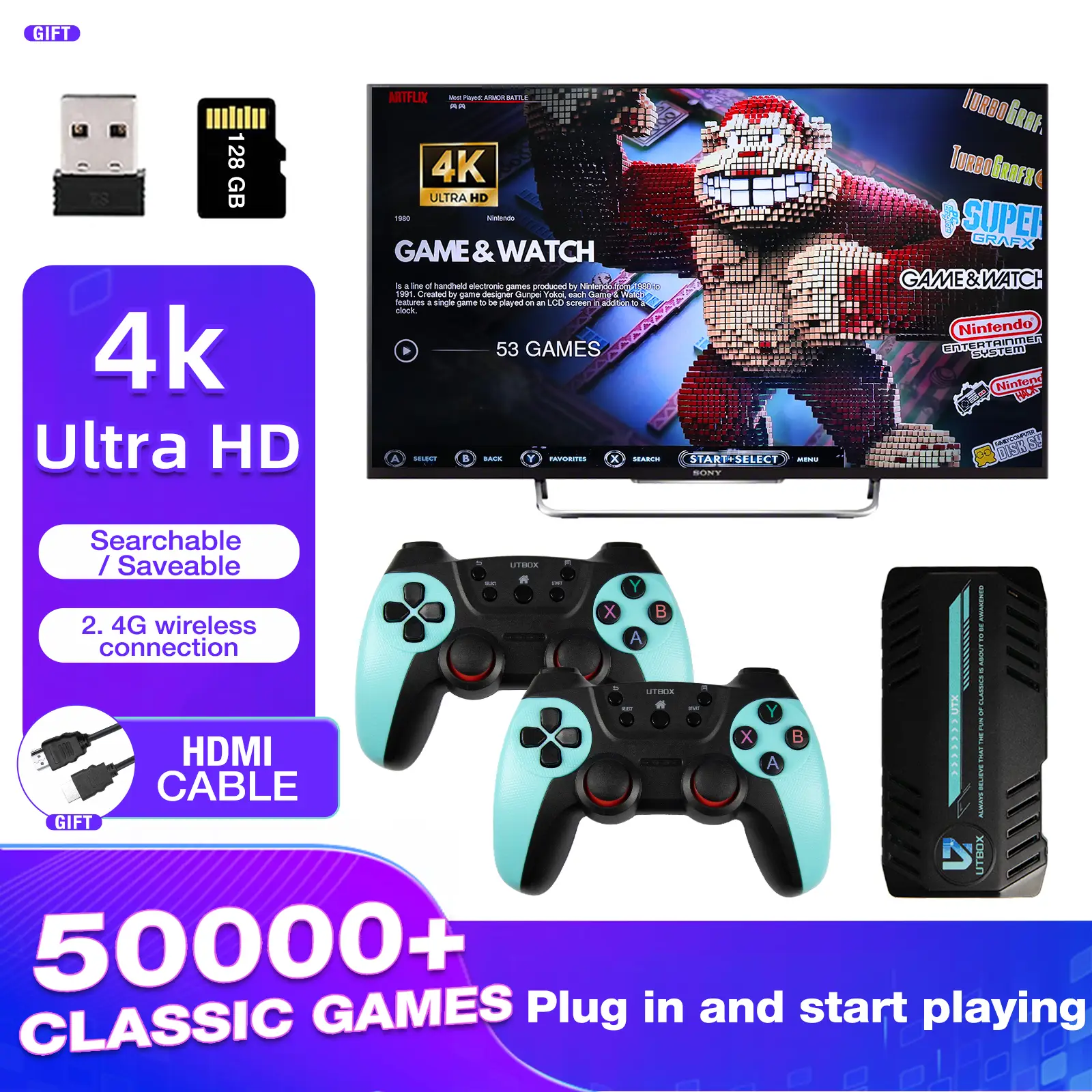 Retro Game Console Stick Game Nostalgia Gaming Stick Dual 2.4G Wireless Controllers, Plug & Play TV Video Gaming Stick
