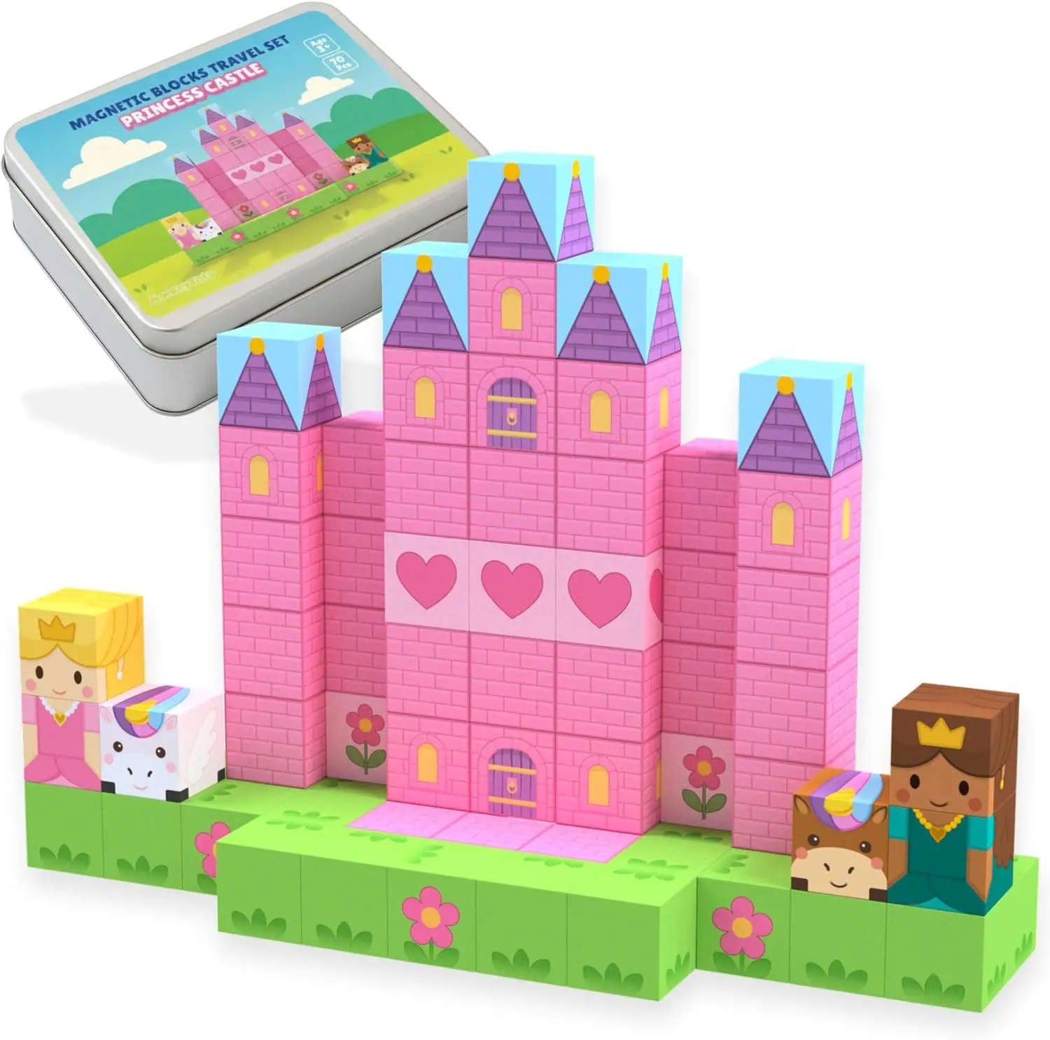 Summer Spring Gift 70PCS Magnetic Blocks Travel Set – Princess Castle Building Toys, Mini Magnetic Cubes for Toddlers Ages 3–5 & Kids Ages 4–8, Portable Travel Toy for Car, Airplane & Restaurant Activities