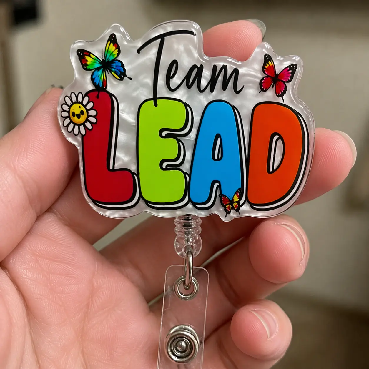 Badge Reel for Team Leads, Cute Butterfly Acrylic Team Lead ID Holder, Retractable Clip Work Promotion Appreciation Gift