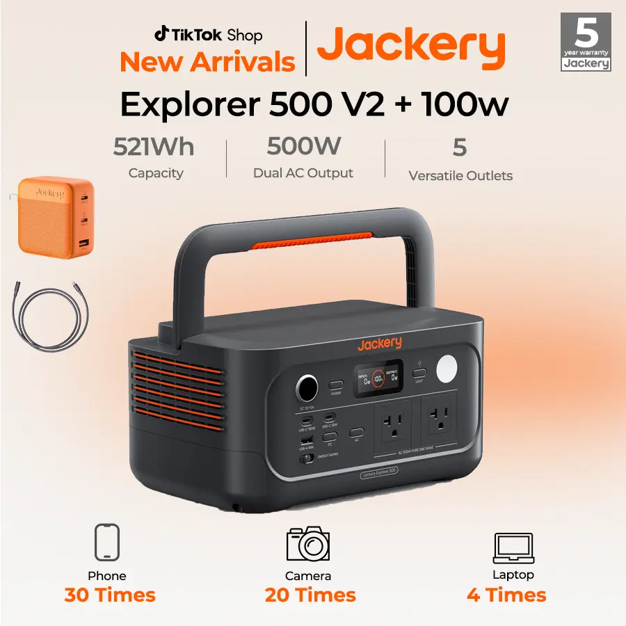 Jackery Explorer 500 v2 Portable Power Station and 102W Fast Charger, 512Wh LiFePO4 Battery, 500W AC/1000W Peak, Solar Generator for Camping, Outdoors, and Power Outages