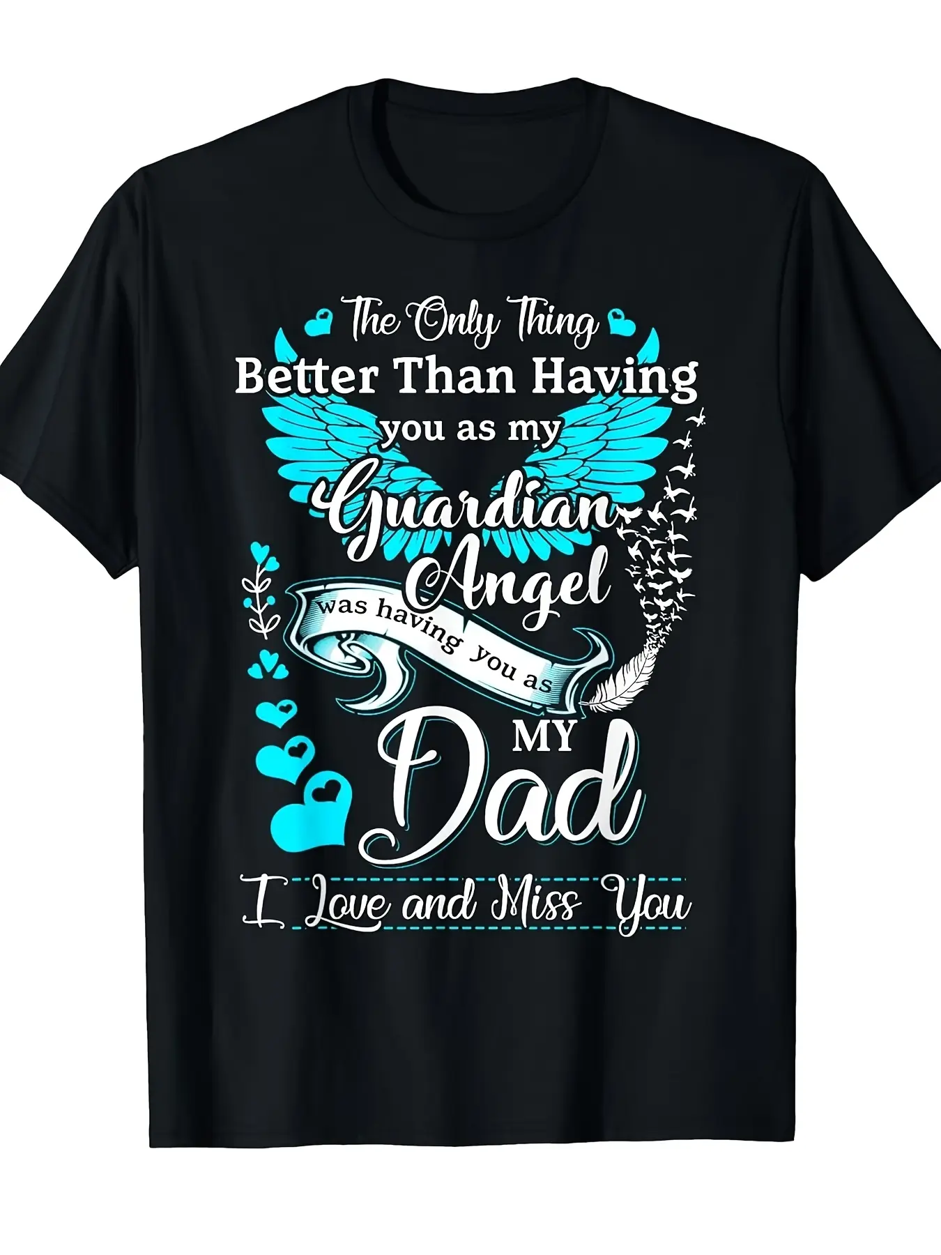 Men's My Dad is My Guardian Angel Missing My Dad in Heaven T-Shirt - Retro Memorial Shirt with Guardian Angel Wings & Heart Design, Comfortable Casual Round Neck Tee for Loss of Father, Machine Washable for all-Season Wear