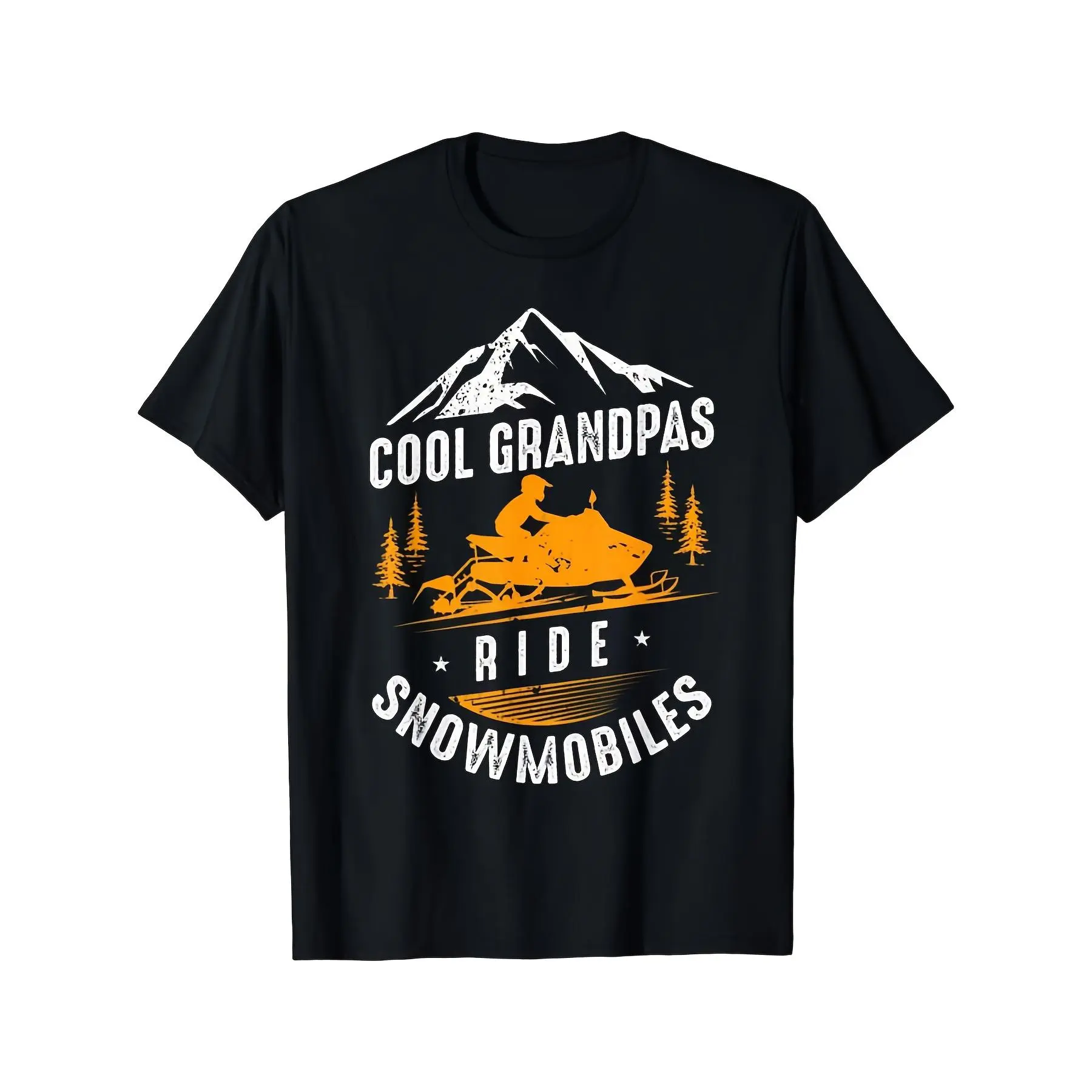 [100% Cotton] 100% Cotton Men's Cool Grandpas Ride Snowmobiles Graphic T-Shirt - Retro Snowmobile Design with Snowmobile Rider & Mountain Scene, All-Season Casual Wear, Funny Grandpa Gift for Snowmobile Lovers, Winter Sports Apparel, Comfortable Round Nec