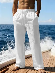 Men's Linen Blend Casual Pants, Breathable Drawstring Straight Leg, Vacation Style, 95% Linen 5% Polyester, Beach Holiday Long Pants