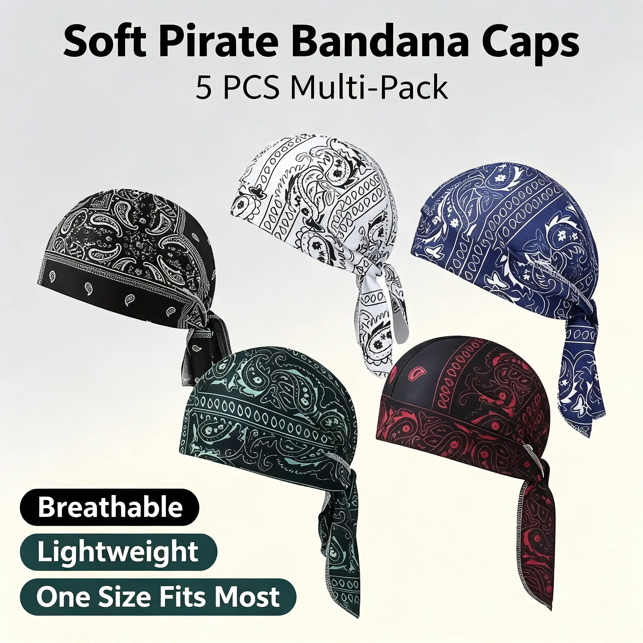 5-Pack Paisley Printed Durags for Men - Unisex Breathable Sweat-Wicking Adjustable Streetwear Hat, Soft Stretch Fitted Cool Hats, Flexible Fit Casual Outfits Cap, Fashionable Hair Accessory Gift for Workout, Fashionable Hats, Flexible Fit Hat