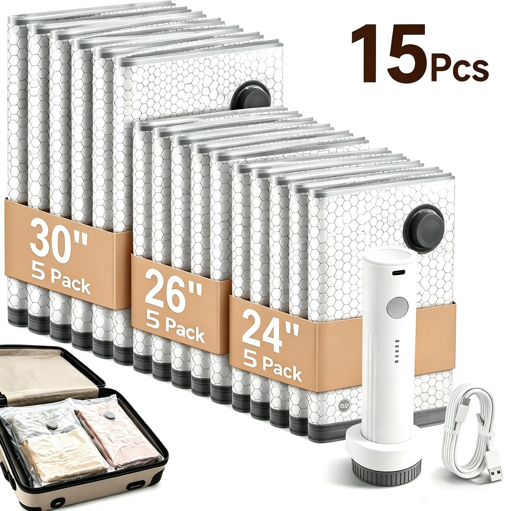 [2026 Upgraded]X7 Cordless Travel Vacuum Bag Set Vacuum Bags for Travel with Rechargeable air Pump, 15 Pack Carry-on Size Compression Packing Bags for Luggage and Suitcase, Space Saver for Clothes and Clothing Travel Zipper Pouches
