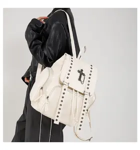Christian Fashion Backpack with Cross Accent & Stud Detailing Black Leather Style Bag for Adults Elegant Design Versatile Use
