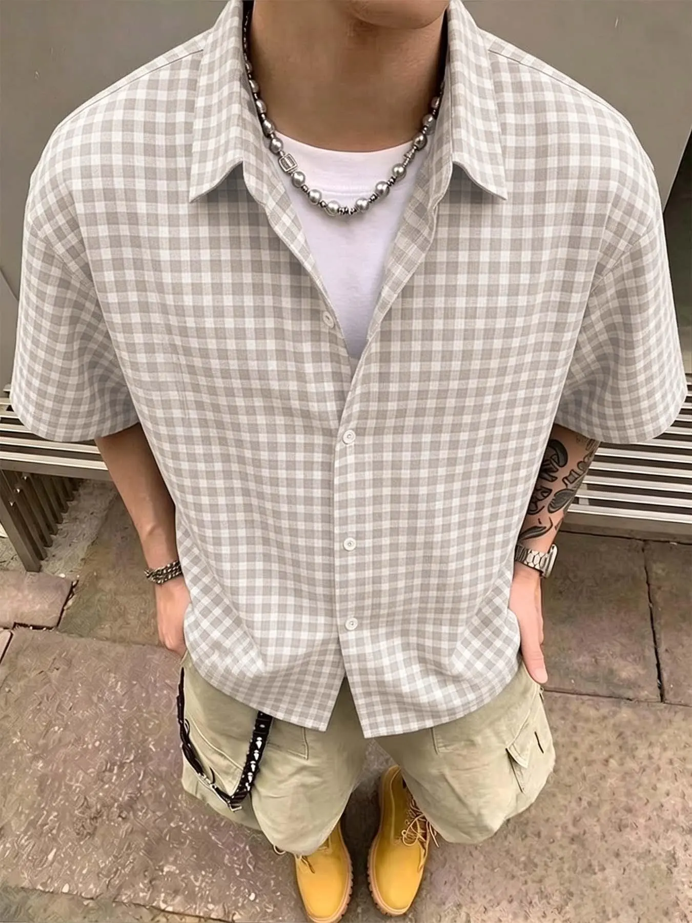 Retro brown checkered men's short sleeved shirt, lightweight and breathable fabric, loose fit, retro streetwear aesthetic, casual button top, Casual button collared, Casual Comfy Collared, suitable for daily wear, going out