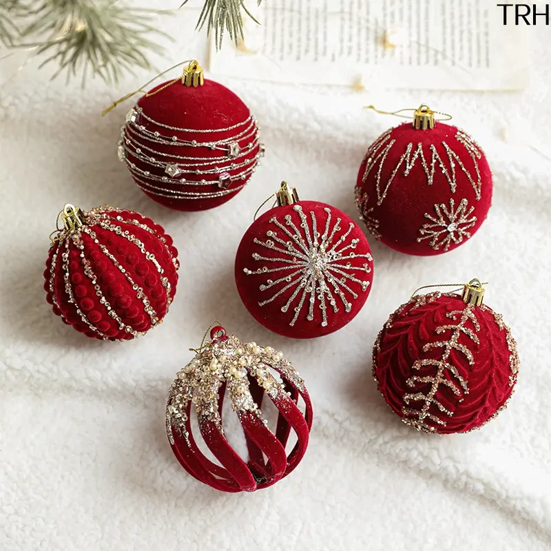 8CM Burgundy Red Flocked Velvet Christmas Ball Ornaments, Glitter Sequin Beaded Shatterproof Plastic Hanging Baubles, Assorted Patterns Xmas Tree Pendant Decor for Holiday Home Party Mantel Display Winter Festive Decoration Gift
