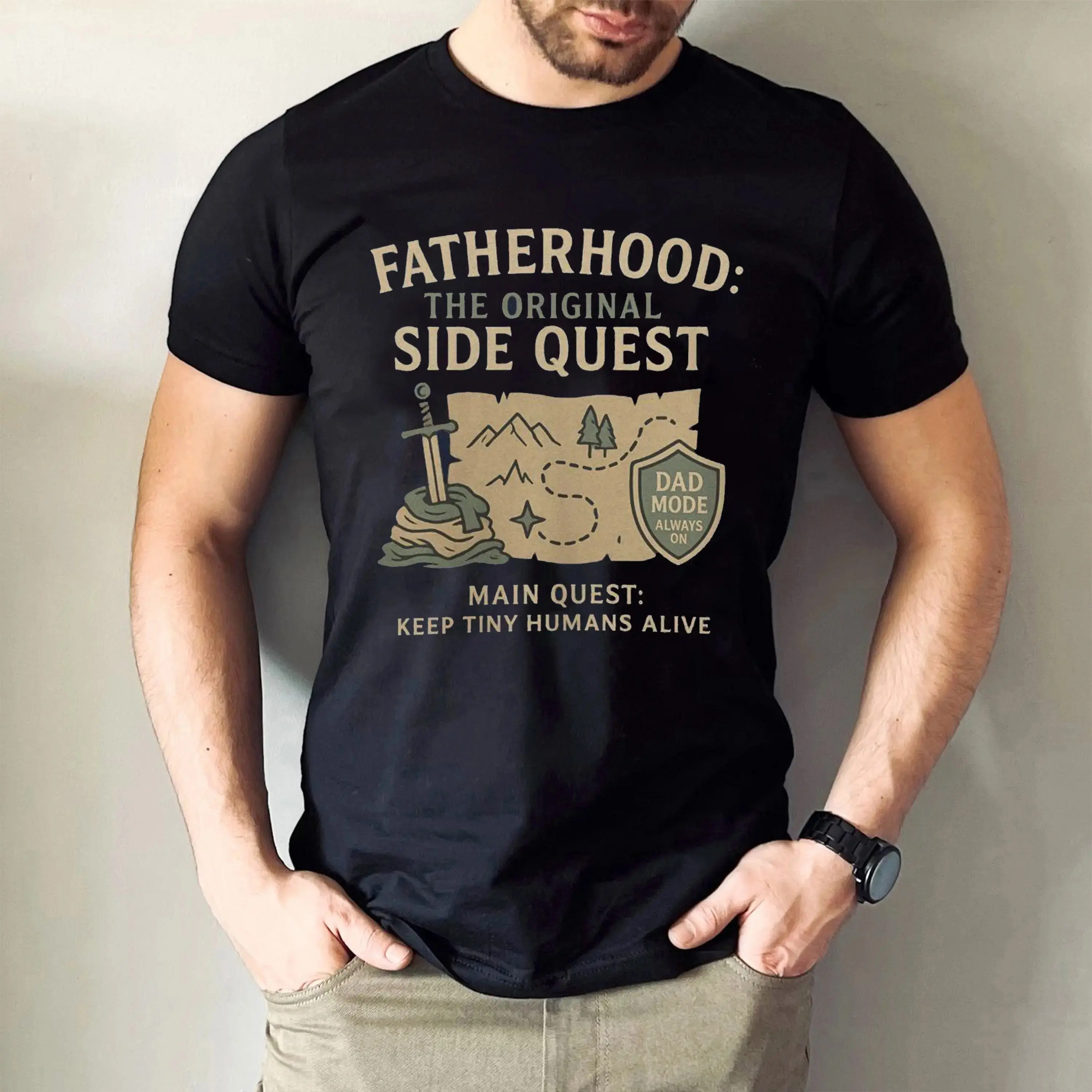 Men's 'Fatherhood Side Quest' T-Shirt, Casual RPG Gamer Graphic Tee with Round Neck, Funny Dad Short Sleeve Streetwear, Father's Day Gift, Shortsleeve, Menswear, Top, Tshirt