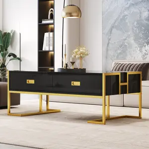 [Bellemave]Modern Black Rectangular Coffee Table with 4 Drawers and Gold Base in 47.3"