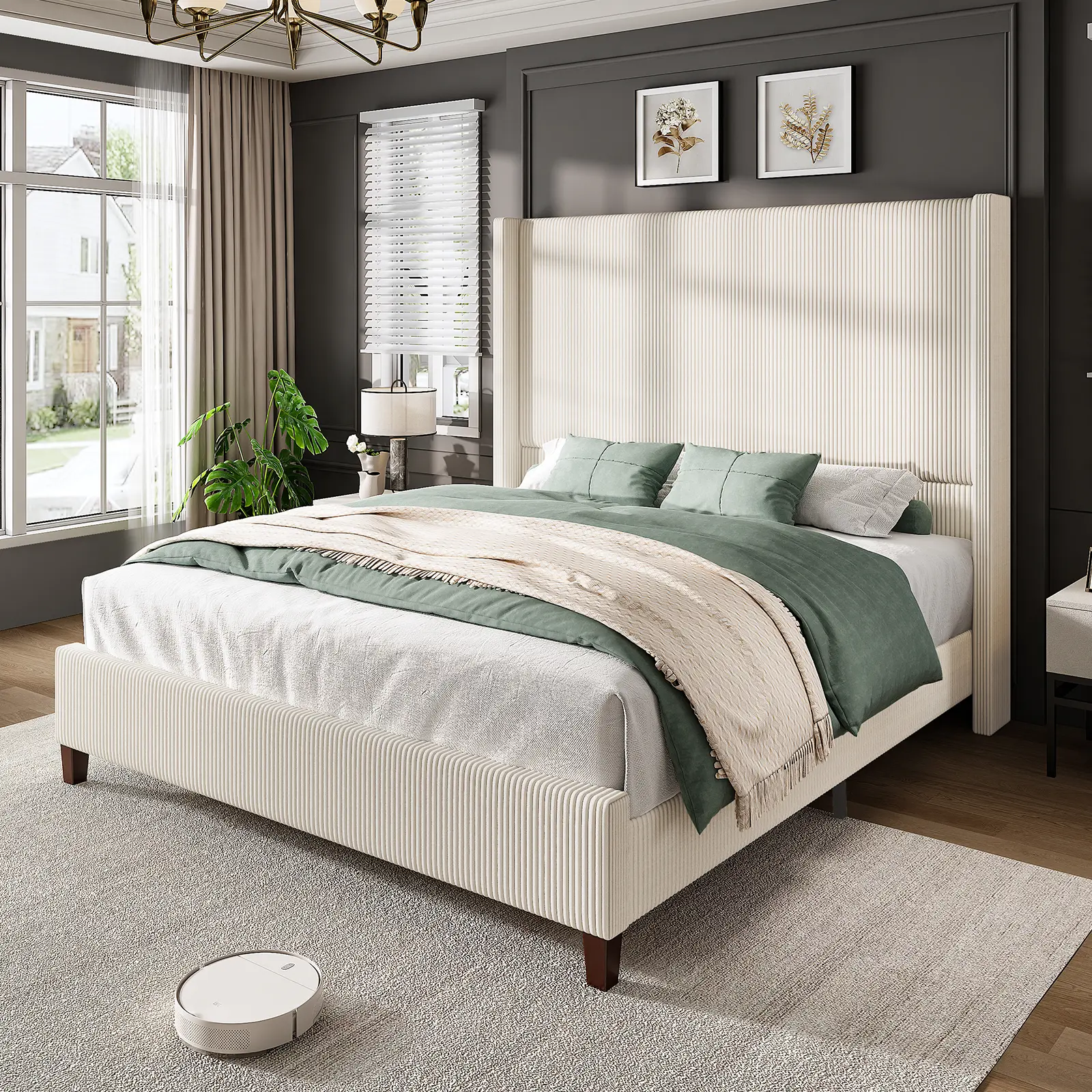 AMERLIFE 62" Corduroy Upholstered Bed Frame, Luxurious Platform Bed with Extra Tall Wingback Headboard and Vertical Stripe[tiktokshopbacktoschool][SohoChic]
