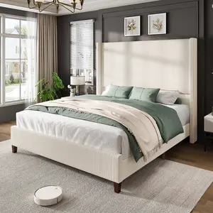 [Summerwins] AMERLIFE 62" Corduroy Upholstered Bed Frame, Luxurious Platform Bed with Extra Tall Wingback Headboard and Vertical Stripe