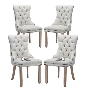(Set of 4) Linen Solid Wood Nailhead Tufted Dining Chair