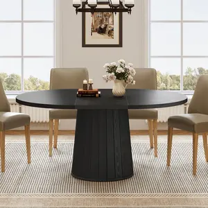 Tribesigns Oval Dining Table for 6 People with Wooden Top and Cylindrical Base - Black, Round, Home Furniture for Dining Room