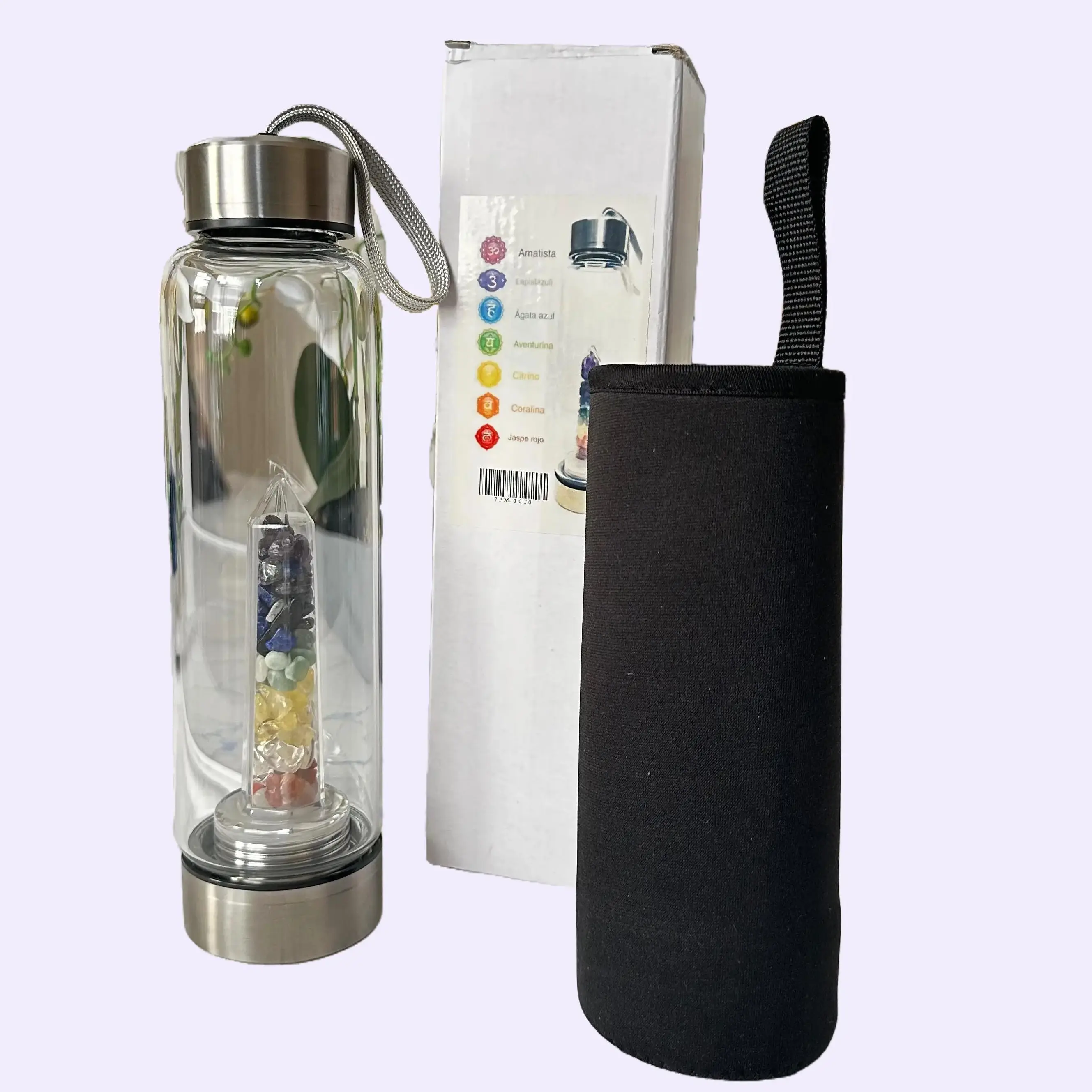 16oz Glass Water Bottle with 7 Crystal Chakra Type for Spiritual Drinking