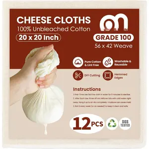 12 count  Cheese Cloths 20x20 Inch, 100 Grade Cheesecloth Hemmed 4 Edges,  Unbleached  Cheese Cloth Bag for Straining, Muslin Cloth Strainer for Baking, Juicing, Cheese, Crafts Making