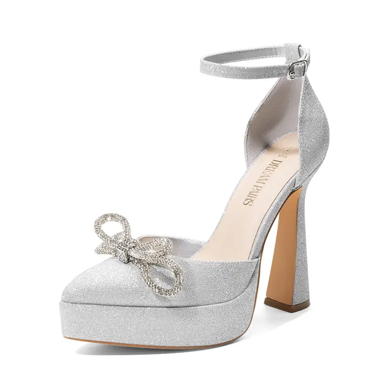 Dream Pairs Women's Shiny Sparkly Pumps - Heels for Women with Pointed Toe, Rhinestone Bow, Ankle Strap, High Glam & Metallic Sparkly Pointed Heeled Pumps for Elegance