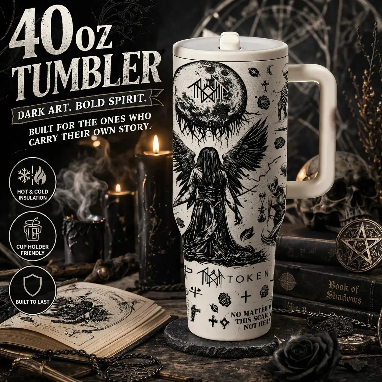 Auracup 40oz Gothic Fantasy Tall Tumbler - Sleep Token Gothic Angel Moon Art, Stainless Steel Vacuum Insulated Travel Mug with Handle & Straw, Large Size Car Coffee Thermos for Hot & Cold Drinks #GLOBAL PICKS