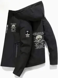 Men's Skull Print Hooded Motorcycle Jacket, Long Sleeve, Fitted, All Seasons, Outdoor Sports, Outdoor Sportswear, Outdoor Sports Outerwear, Perfect for Hiking and Running