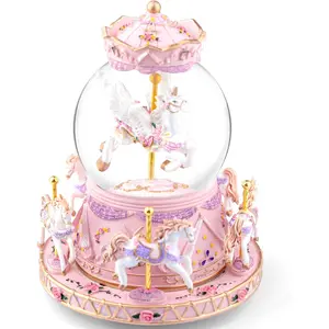 Rotating Carousel Snow Globe Music Box with "Somewhere Over the Rainbow" Music, LED Lights & Glitter Snow, Perfect Birthday Xmas Valentine Gift for Girls Kids & Unicorn Lovers