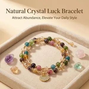 Rainbow Tourmaline Beaded Bracelet with Longevity Lock | Bohemian Style Luxury Jewelry Gift