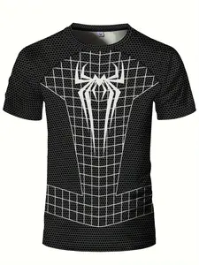 Men's Geometric Spider Web Print Compressive Sport T-Shirt, Breathable Summer Gym Wear, Workout Sportswear, Round Neck, Quick Dry, Lightweight, Casual Style