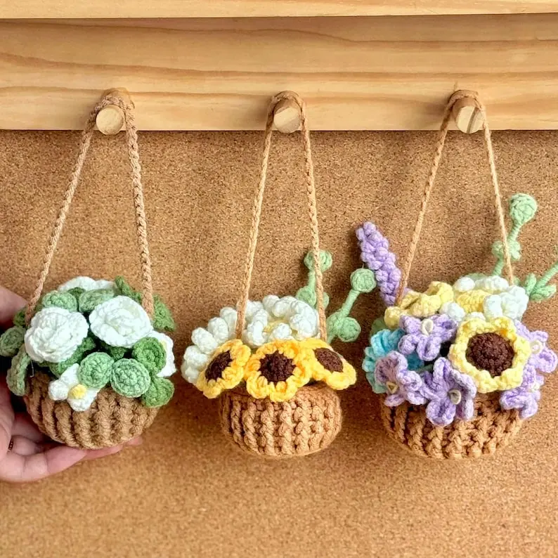 Crochet Flower Basket Hanging Pattern | Sunflower Basket Crochet Pattern | White Rose Basket Pattern | Daisy Basket Crochet Pattern