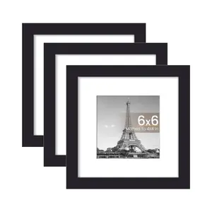 Three-Piece Square Picture Frame Set, Decorative 6x6 Inch Gallery Style, Display Pictures 4x4 with Mat or 6 x 6 Without，Organic Glass Front, Fine Wood Grain Pattern, Wall Hanging & Desktop Display  Square Frames