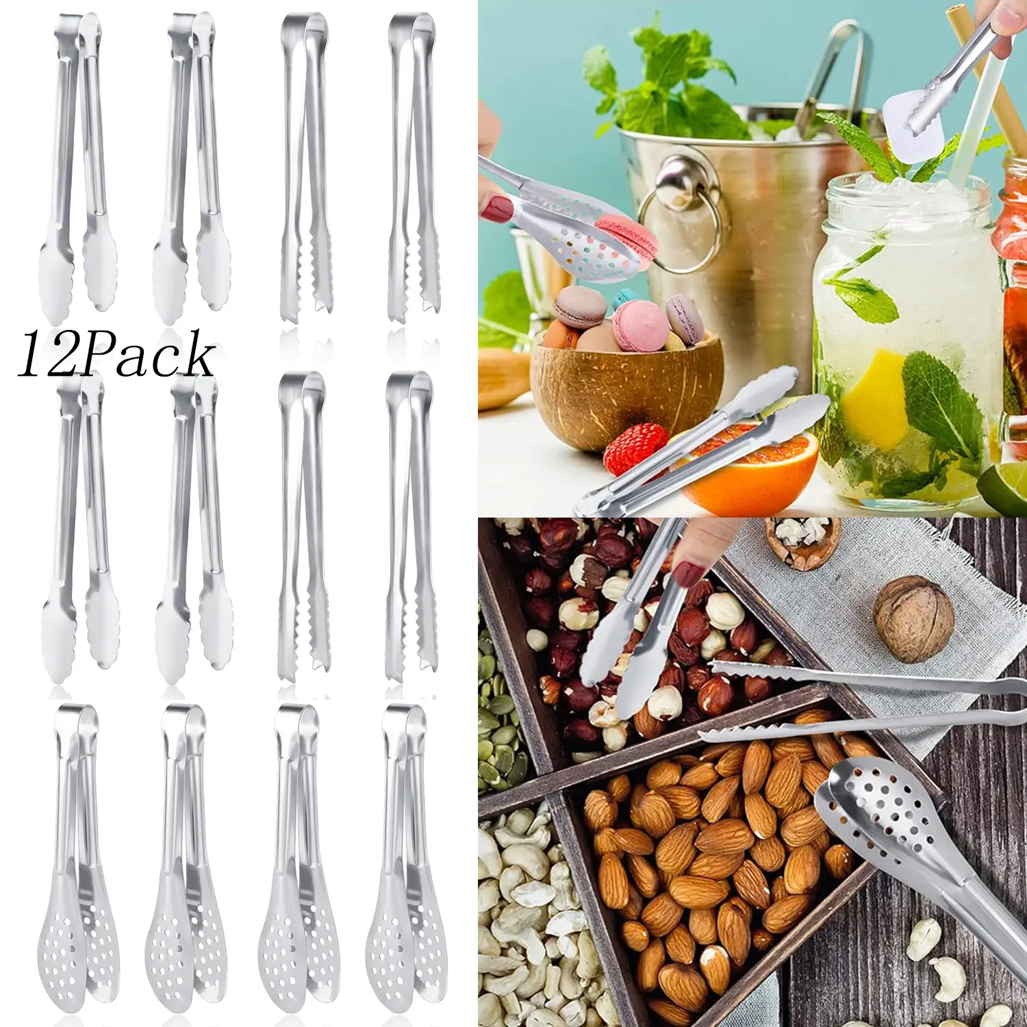 12-Pack 5-Inch Durable Sturdy Solid Metal Stainless Steel Mini Appetizer Tongs, Dishwasher Safe Durable Kitchenware, Cooking Utensils for Daily Kitchen Use, Weddings, Restaurant Use
