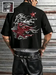 Men's Loose Rhinestone Flame Star Short Shirt, Y2K Sparkly Print, Casual Short Sleeve Top, All-Season Wear, Summer Party & Street Style, Menswear, Streetwear