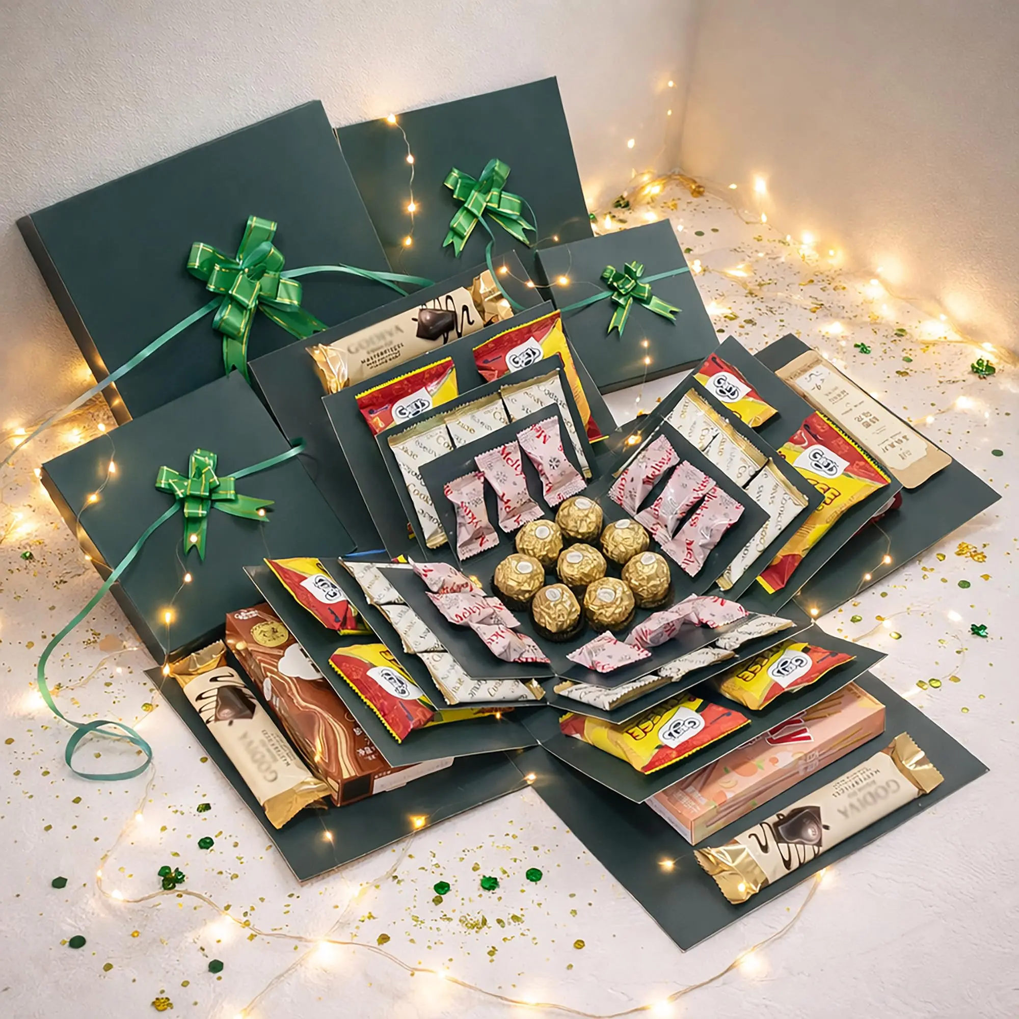 Holdmoneer 4-Layer Surprise Green Explosion Box, Creative Gift Packaging & Gift Box Wrapping for Holiday/Birthday Photo & Snack Storage (Snacks Excluded)