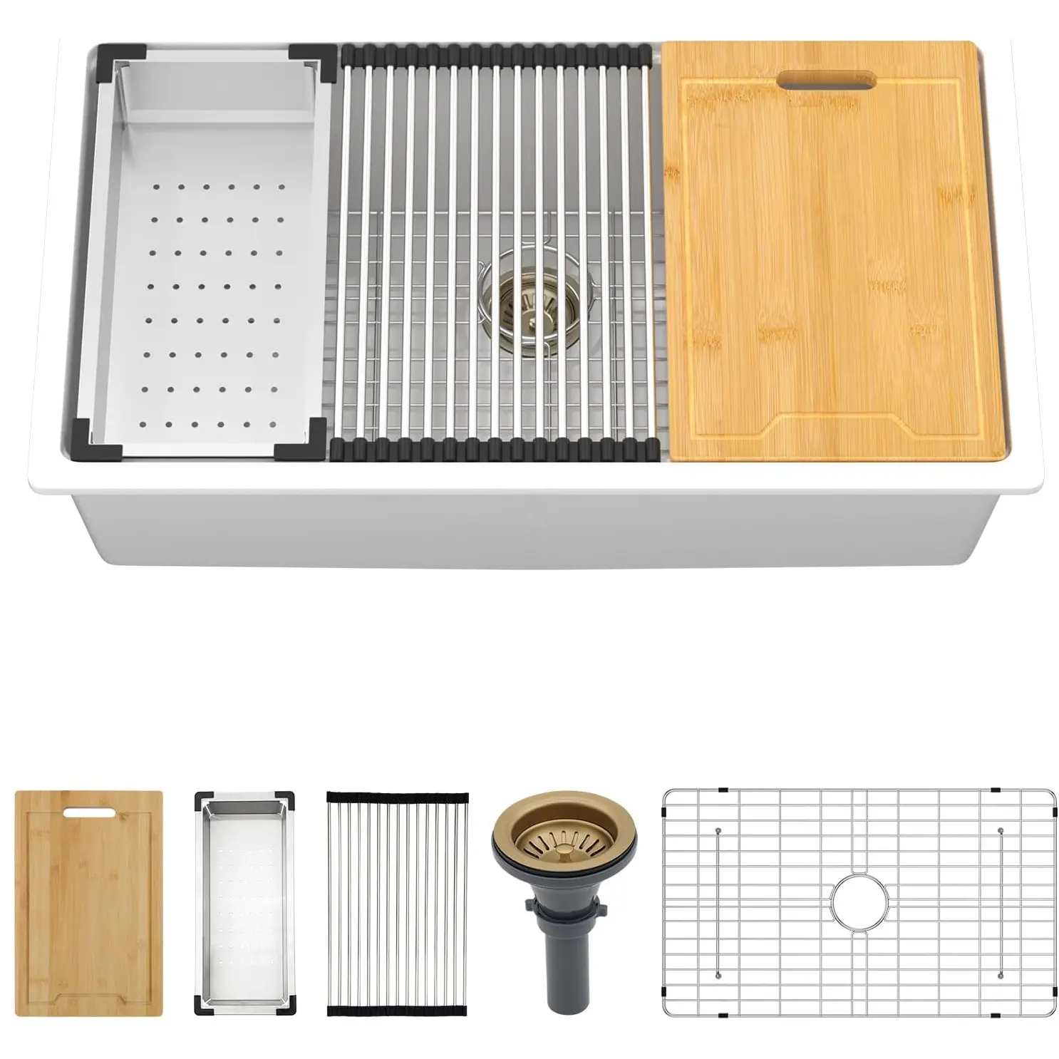 Kichae 30 Granite Composite Kitchen Sink White - 30" x 19" Granite Composite Kitchen Sink Undermount Workstation Under Counter Quartz Single Bowl Sink Basin
