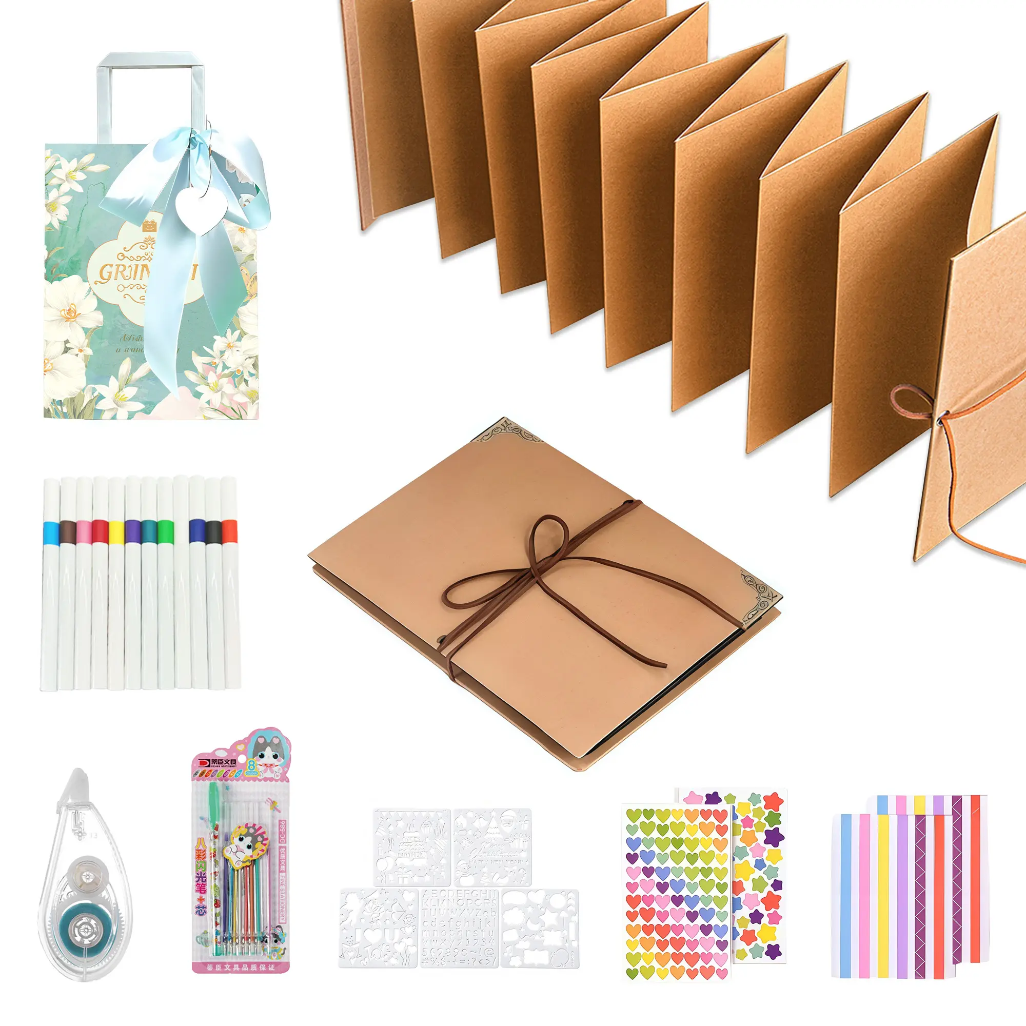 99+ Inch Scrapbook Albums, Small Photo Albumwith DIY Accessories Set, Stretchable Folding Kraft Paper Memory Book for Wedding Anniversary, DIY Craft Kit with Markers, Stickers, Dot Glue & Gift Bag