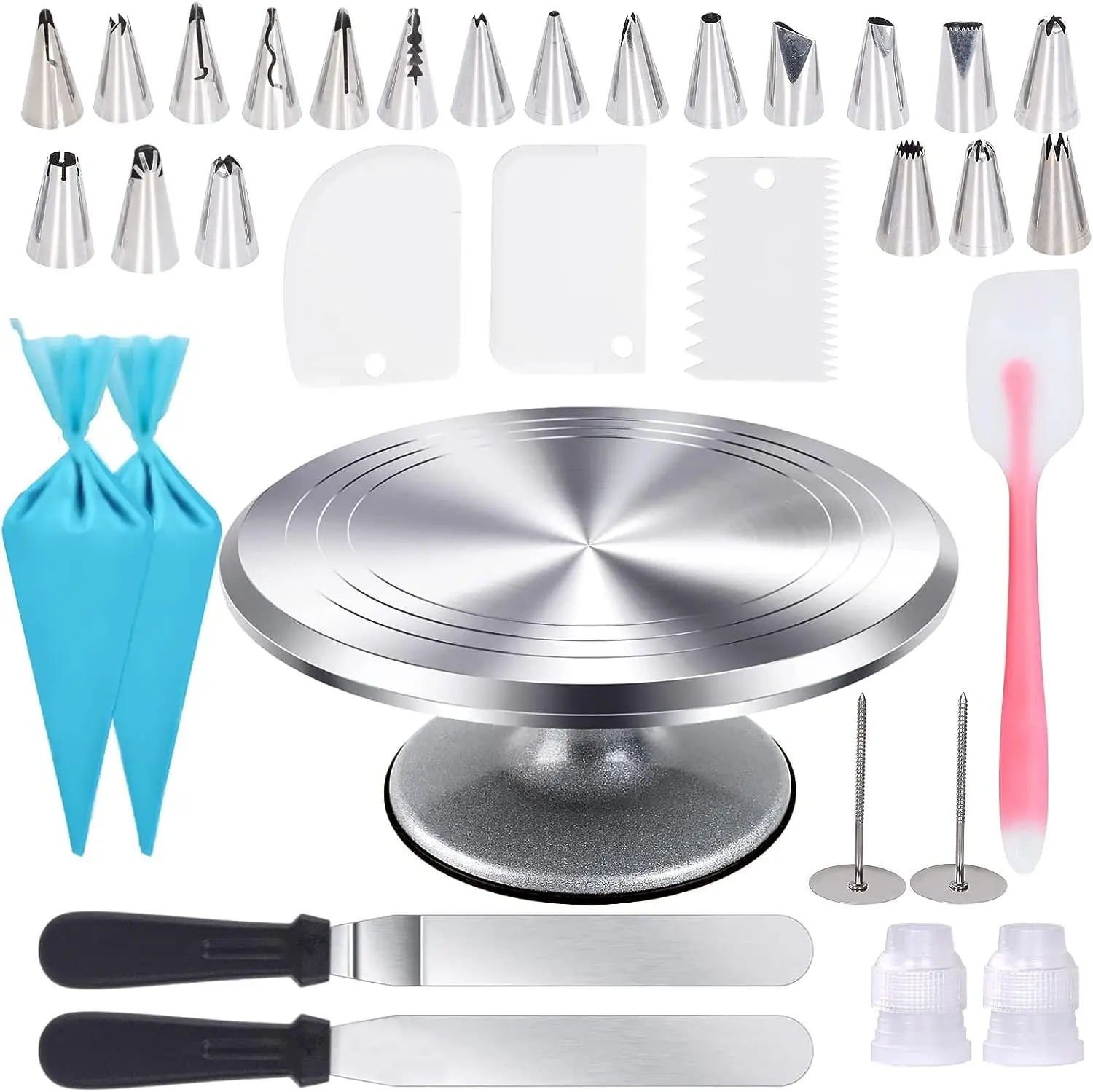 Uten 12 Inch Cake Turntable Cake Decorating Supplies Kit, 33 Pcs Rotating Aluminium Cake Stand Set, Baking Tools with 20 Icing Tips, Bags, 3 Icing Smoother, Straight & Offset Spatula, Silicone Spatula Uten