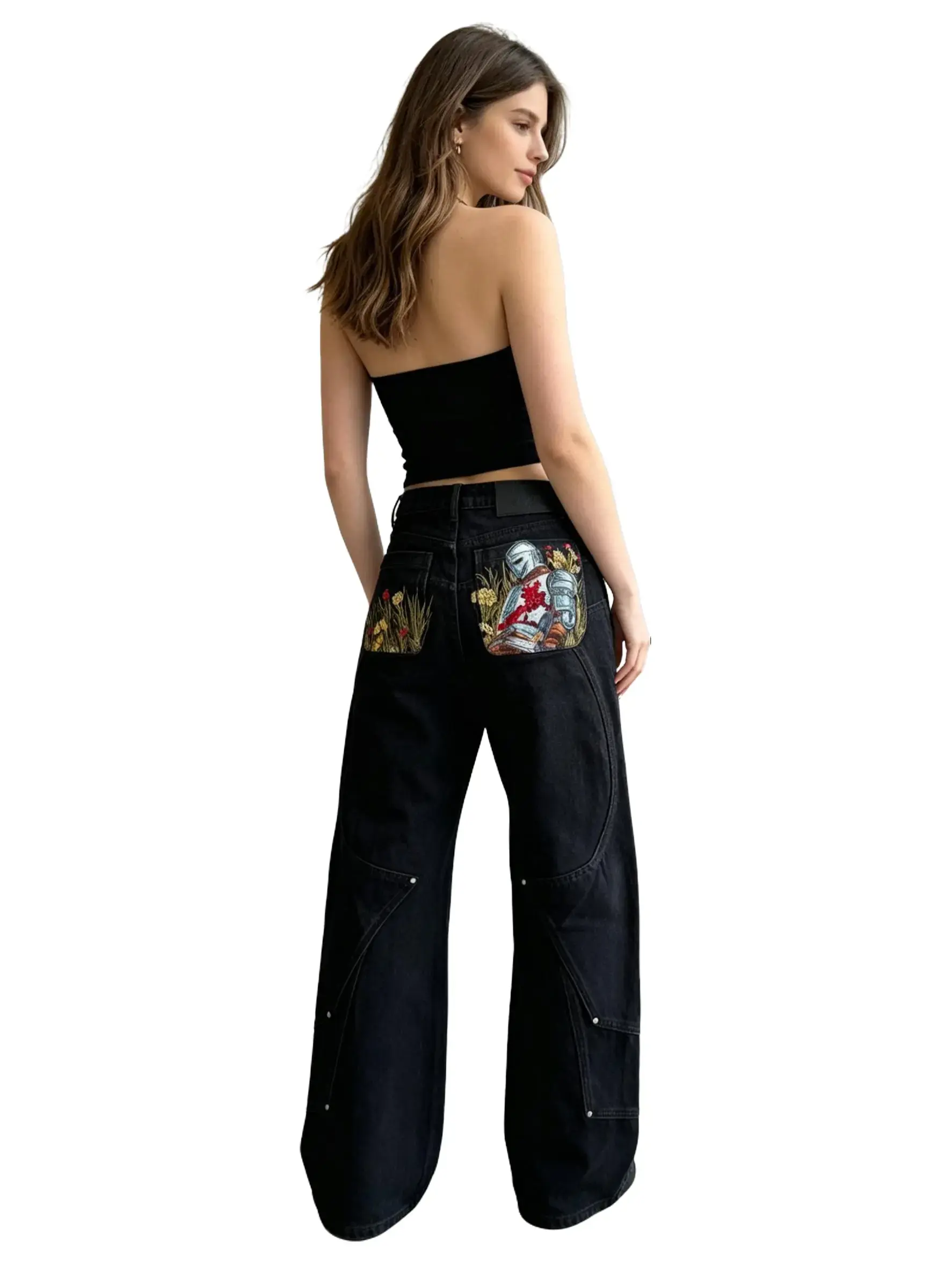 Women's Retro Vintage Black High Waist Wide Leg Denim Jeans - Baggy Fit Pants with Knight Floral Embroidery, Patchwork Streetwear Trousers for Daily Wear