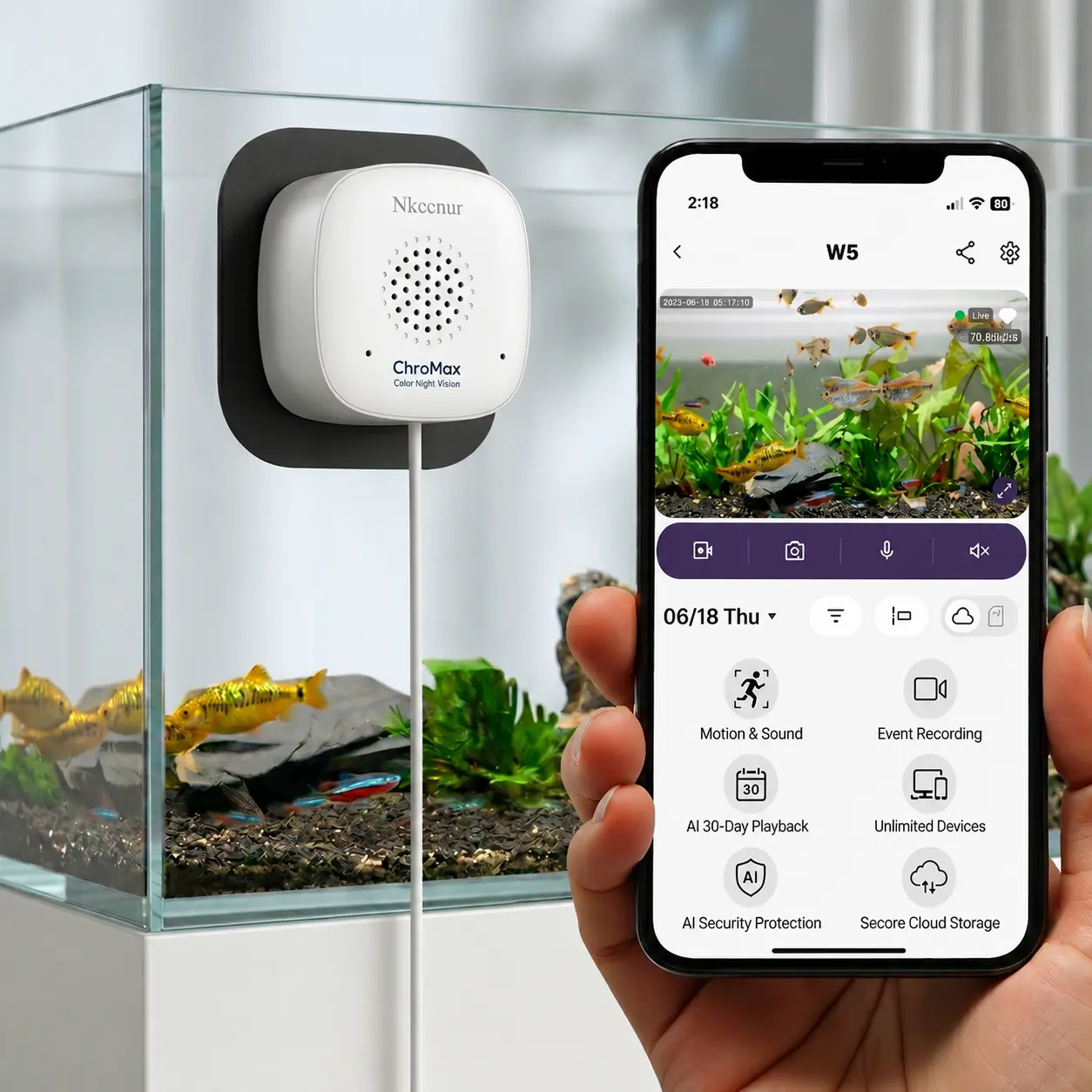 NKCCCNUR 3MP 2K Aquarium & Terrarium Pet Camera.Magnetic Install &Close-Focus Lens for Fish,Lizard, Reptile Pet and Window Bird Feeder,2.4GHz & 5GHz WiFi,Color Night Vision,Auto-focus,24/7 Recording