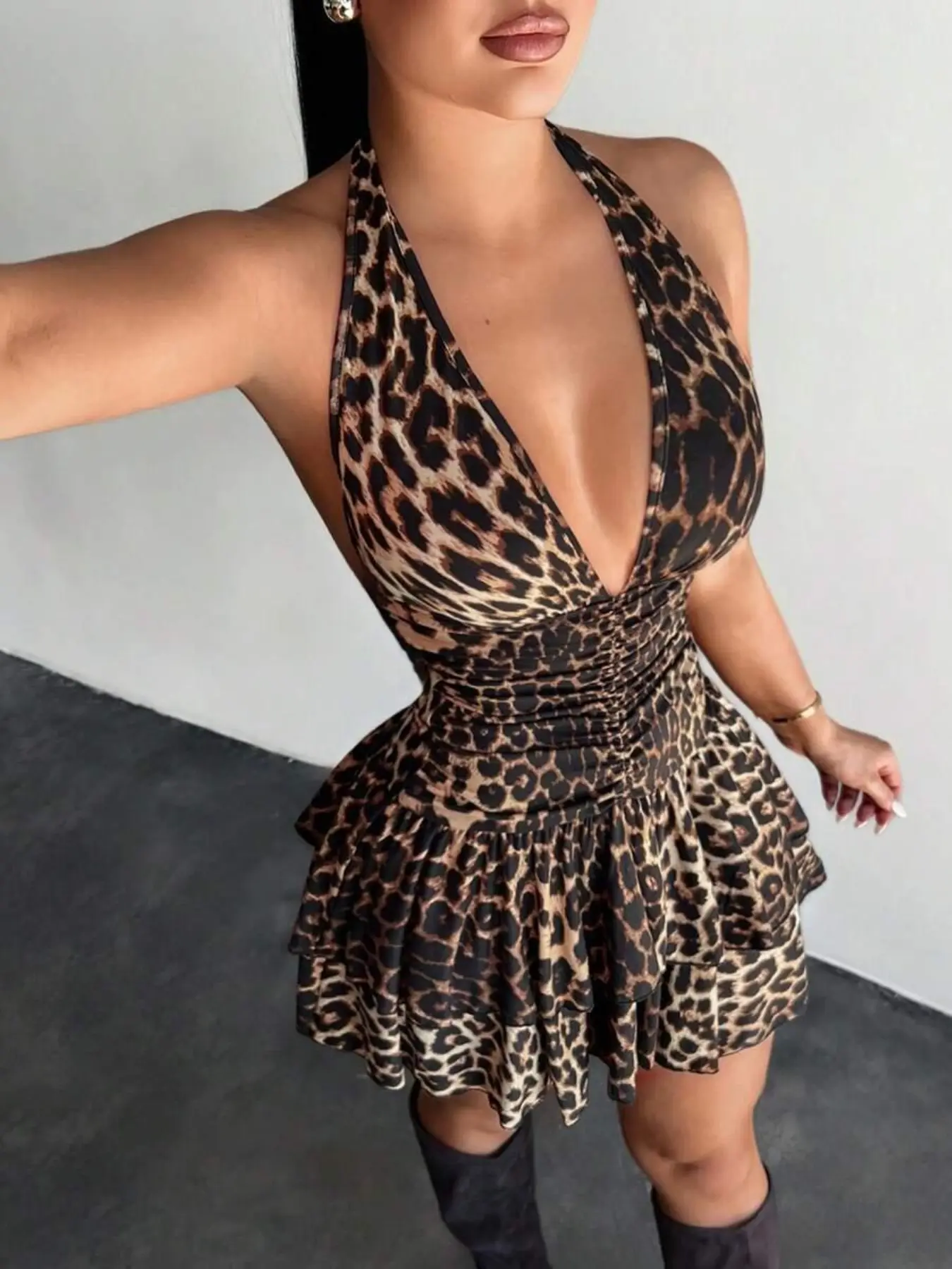 Women's Leopard Print Halter Neck Sleeveless Dress, Sexy Vacation Wear, Beach Dress, Cheetah Print Dress, Birthday, Dresses for Party, Summer Fashion