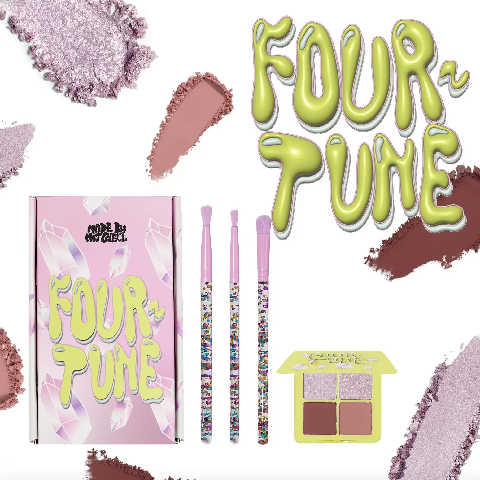 Drippin in Crystals Four Tune Makeup Palette Kit Set Bundle, Cosmetic Makeup Set, Made by Mitchell, Perfect for Enhancing Your Look with Glow, Ideal Gift Choice