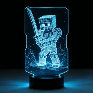 Sword-Wielding Pixel Block Warrior 3D Illusion Lamp | Remote & Touch Control | Gaming Room Decor & Gift