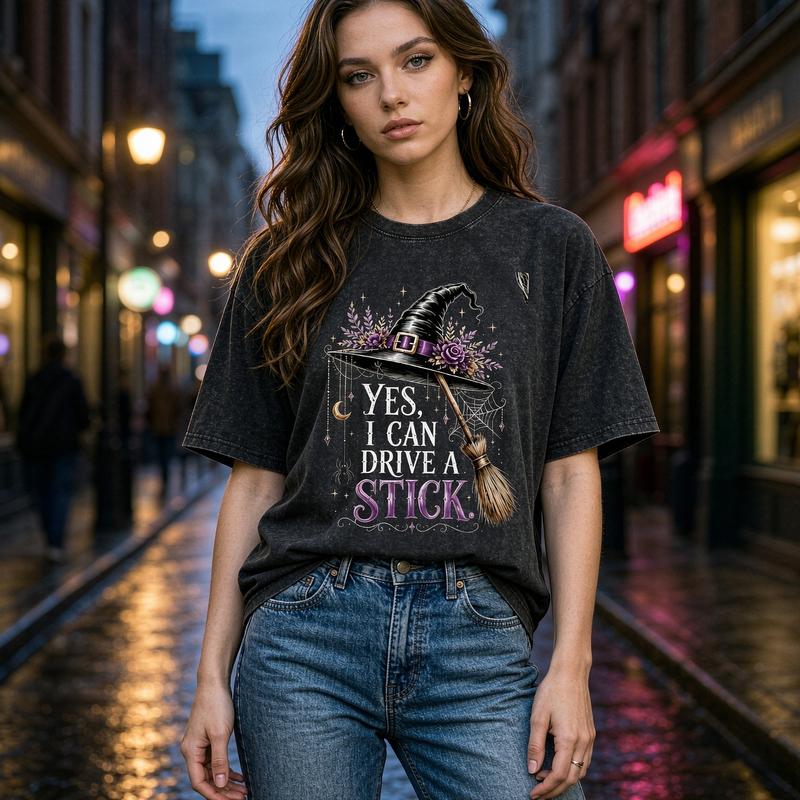 Women's Funny Witch Print T-Shirt - Vintage Acid Wash Oversized Crew Neck Short Sleeve Garment, Breathable Casual Halloween Tops for Women