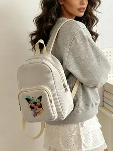 1 piece of butterfly watercolor pattern 2D printed lady's backpack, Casual Lightweight Backpack, corduroy texture + layered storage + light weight reduction | perfect for students going to class/shopping/short trips | combining atmosphere and practicality