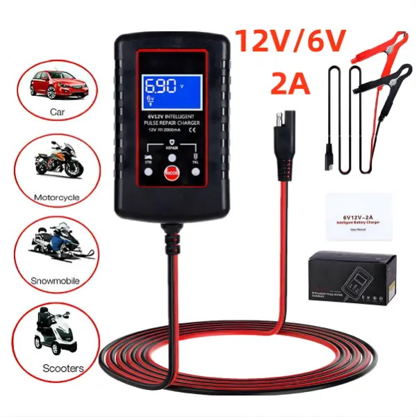 NKDR 6V/12V Smart 2A Battery Charger Maintainer with Ring Terminals, Alligator Clips & Safety Protection, Automatic Trickle Charger for Car, Motorcycle Lead Acid Batteries