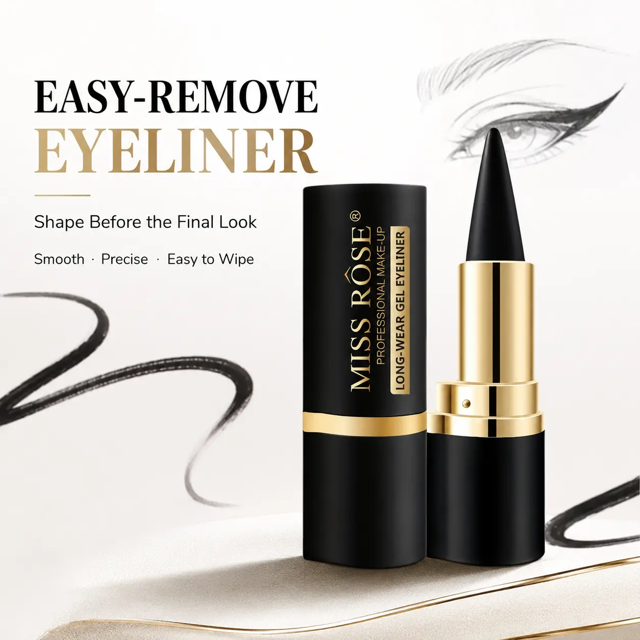 MISS ROSE Professional Cream Gel Eyeliner Stick for Beginners, Smooth Glide Easy to Wipe & Adjust High Pigment Eyeliner, Long-Lasting Eye Makeup for Gothic Makeup Daily Eye Looks, Perfect Valentine's Day Gift for Women,Halloween,Valentine's Day yeliner