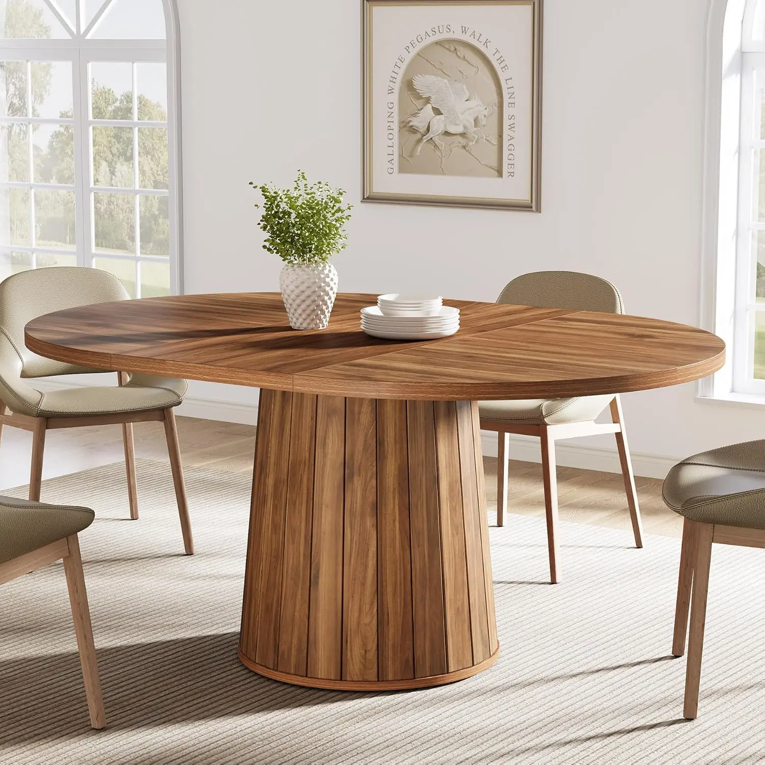 LITTLE TREE Oval Dining Table for 6 People, 55.11-Inch Farmhouse Kitchen Dinner Table with Cylindrical Pedestal