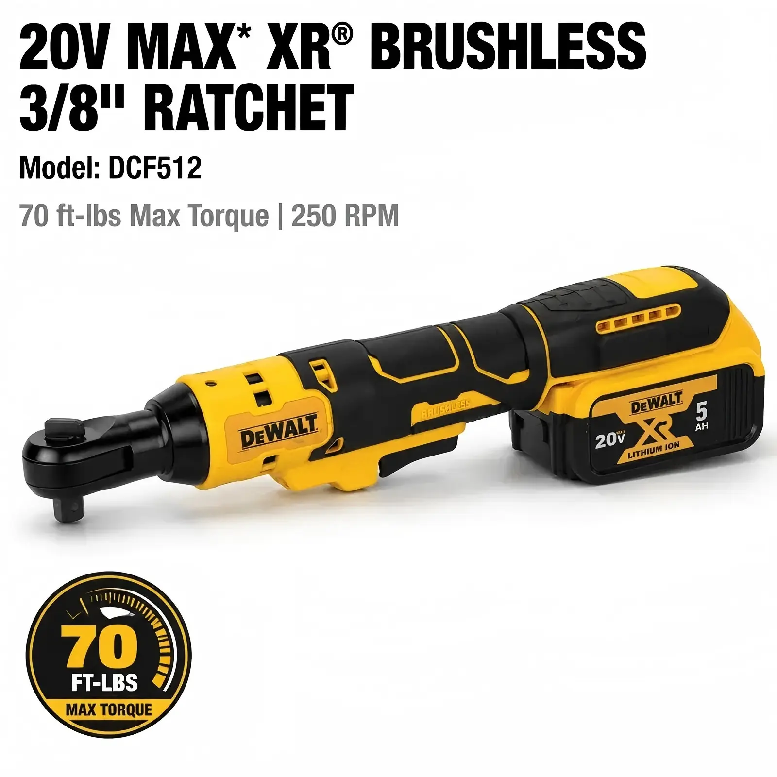 DEWALT 20V MAX XR Cordless 1/2" Brushless Ratchet (DCF512) - 70 ft-lbs Max Torque, Variable Speed Trigger, LED Light, Forward-Reverse, High Torque Driver for Automotive Mechanics' Engine Work, Durable Design, Professional Kit w/5.0Ah Battery, Charger